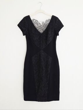 Theia Black Metallic Lace Short Sleeve Sheath Dress Size 6 Cocktail Party LBD